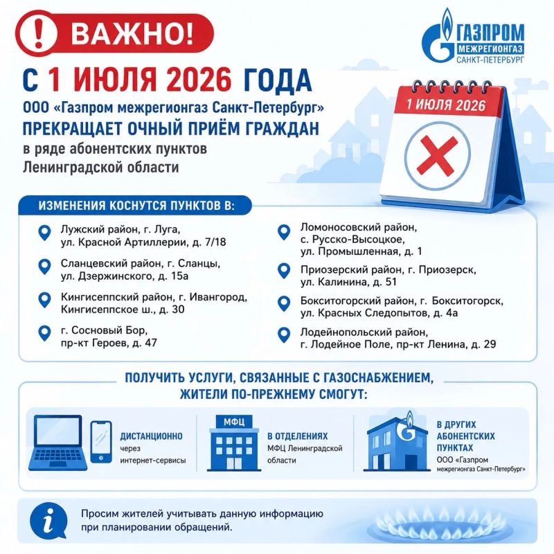 С 1 июля 2026 года ООО «Газпром межрегионгаз Санкт-Петербург» прекращает очный прием граждан в ряде абонентских пунктов Ленинградской области