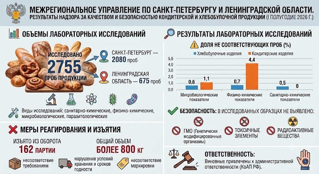 Межрегиональное управление Роспотребнадзора по Санкт-Петербургу и Ленинградской области информирует о результатах надзора за качеством и безопасностью кондитерской и хлебобулочной продукции Межрегиональное управление Роспотребнадзора по Санкт-Петербургу и Ленинградской области информирует о результатах надзора за качеством и безопасностью кондитерской и хлебобулочной продукции