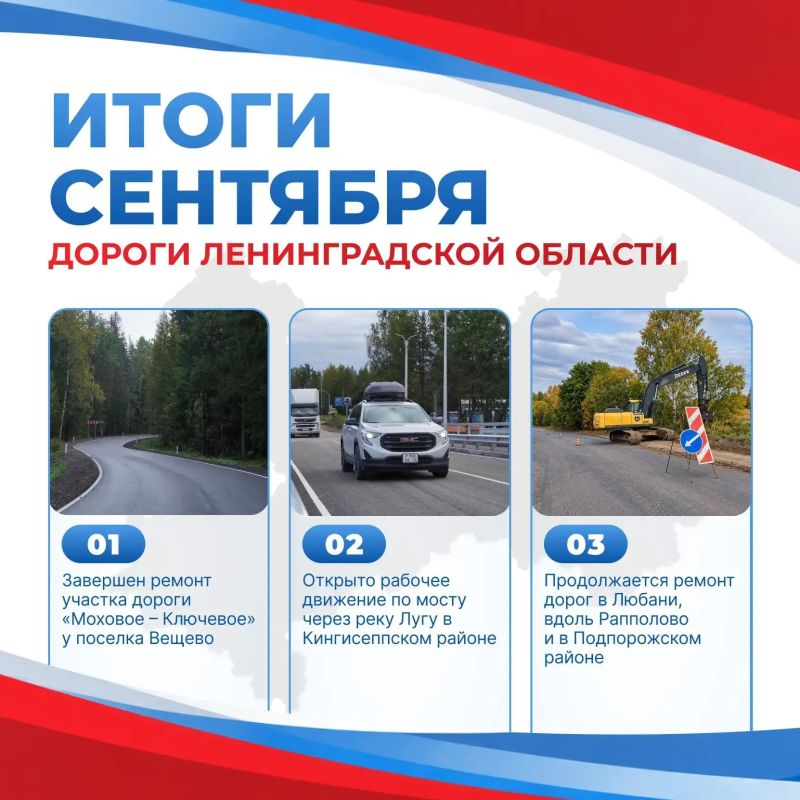 Комитет по дорожному хозяйству подвел итоги сентября: завершили ремонт участка дороги «Моховое — Ключевое» и открыли рабочее движение транспорта по мосту через реку Лугу