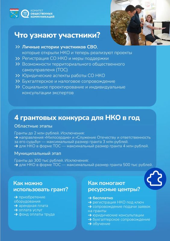 Программа «Герои добрых дел» пройдёт в Сосновом Бору — 28 октября комитет общественных коммуникаций проведёт обучение для участников СВО и их семей, которые хотят развивать свои социальные проекты Программа «Герои добрых дел» пройдёт в Сосновом Бору — 28 октября комитет общественных коммуникаций проведёт обучение для участников СВО и их семей, которые хотят развивать свои социальные проекты