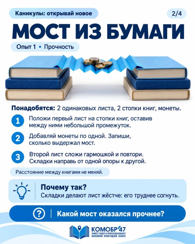 Каникулы: открывай новое. Впереди выходные – самое время попробовать домашние опыты вместе с детьми! Строим бумажный мост, запускаем вертолёт и наблюдаем, как два рисунка складываются в одну картинку Каникулы: открывай новое. Впереди выходные – самое время попробовать домашние опыты вместе с детьми! Строим бумажный мост, запускаем вертолёт и наблюдаем, как два рисунка складываются в одну картинку